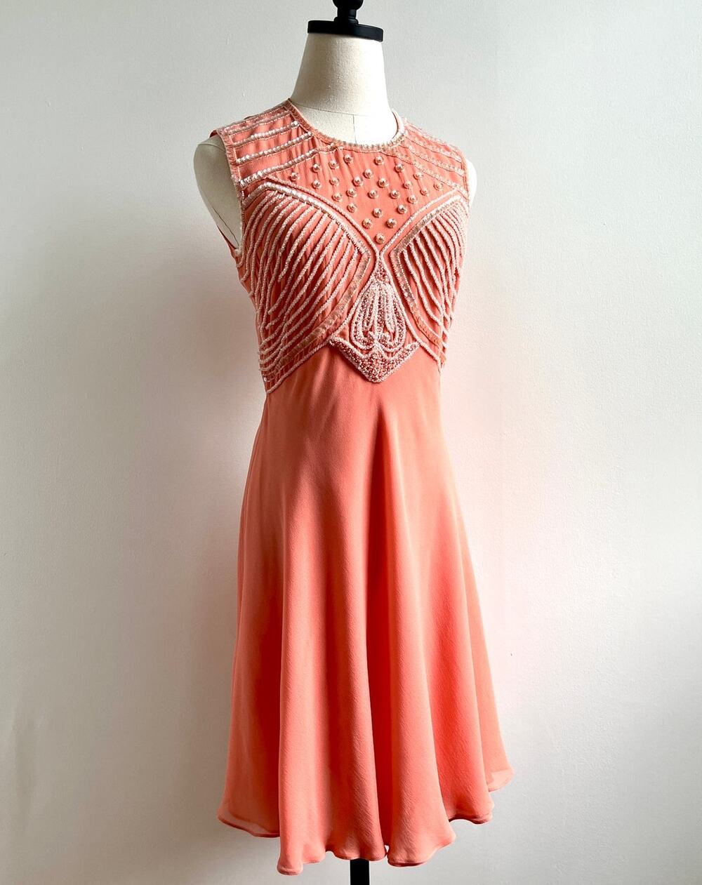 Vintage 80s Silk Beaded Mini Dress | Coral Peach Chiffon | Art Deco Cocktail | S